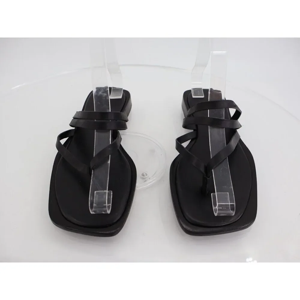 Schutz Rania Flat Sandals Womens Size 5.5 Black Leather Strappy Thong Slide